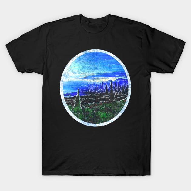 Batik style mountain landscape evergreen trees art design T-Shirt by Aurora X